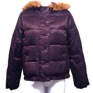 Old Navy Purple Feather Down Jacket With Removable Hood Faux Fur Y2K